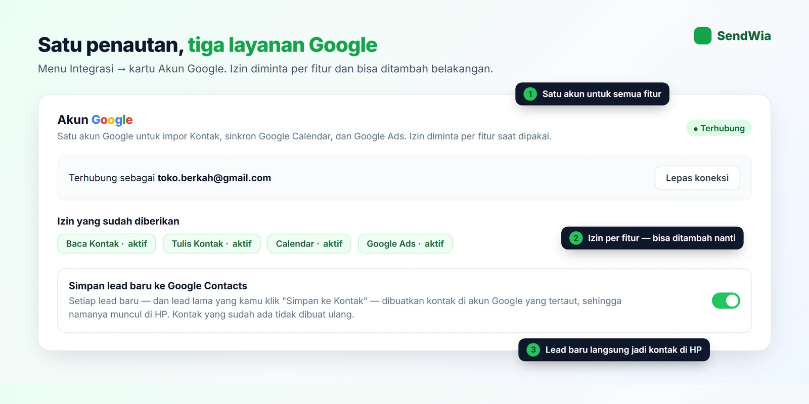 Kartu Akun Google di menu Integrasi SendWia: terhubung, izin per fitur, dan saklar simpan lead ke Google Contacts
