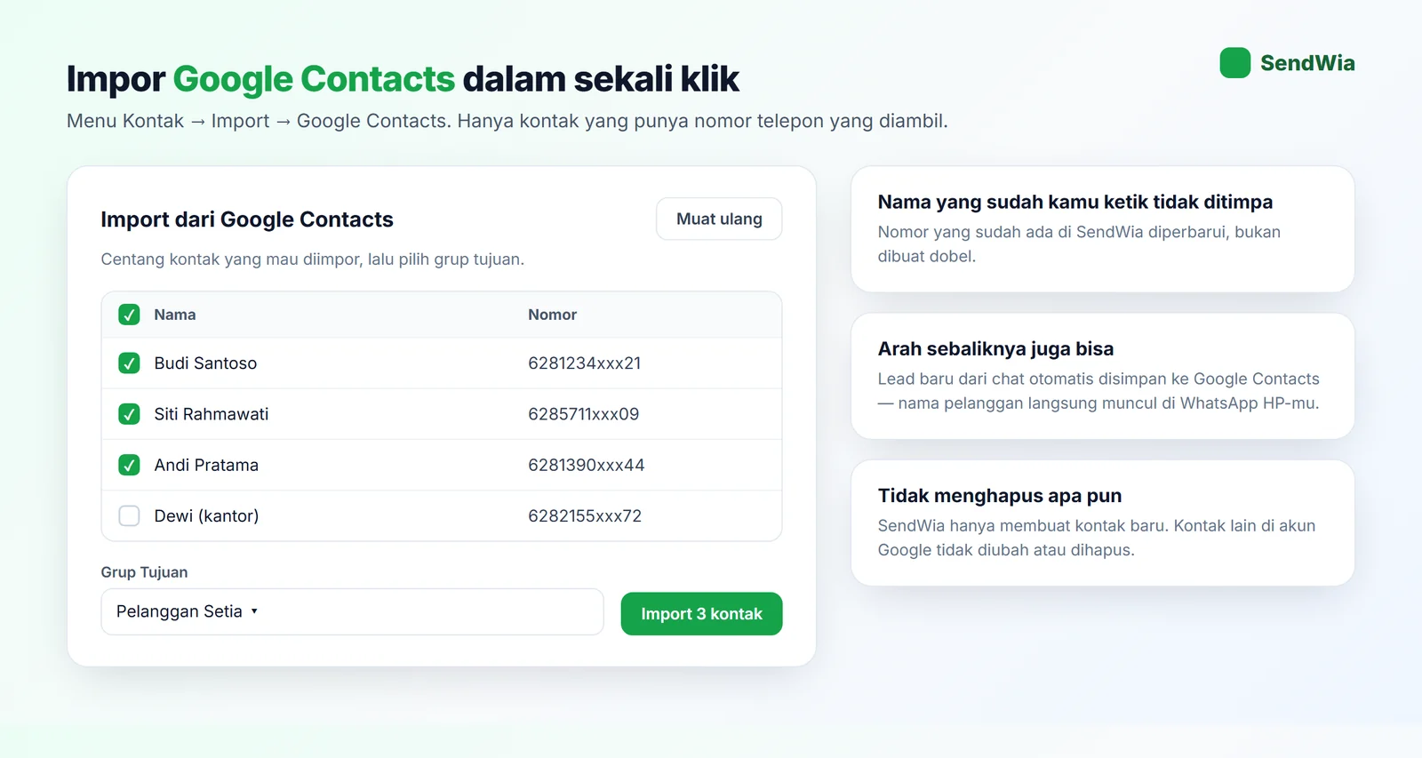 Jendela Import dari Google Contacts di SendWia: pilih kontak, pilih grup tujuan, impor